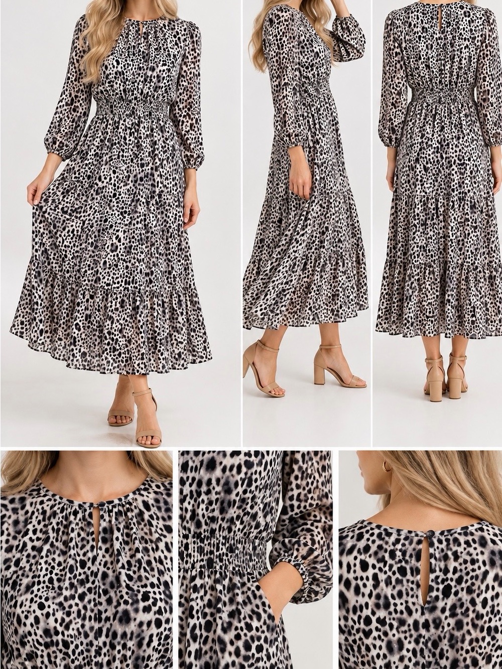 Women’s Animal Print Tiered Midi Skirt - Black & White - Picture 2 of 4